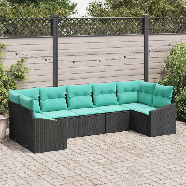 vidaXL Sofa Set mit Kissen 7 pcs Schwarz Poly Rattan
