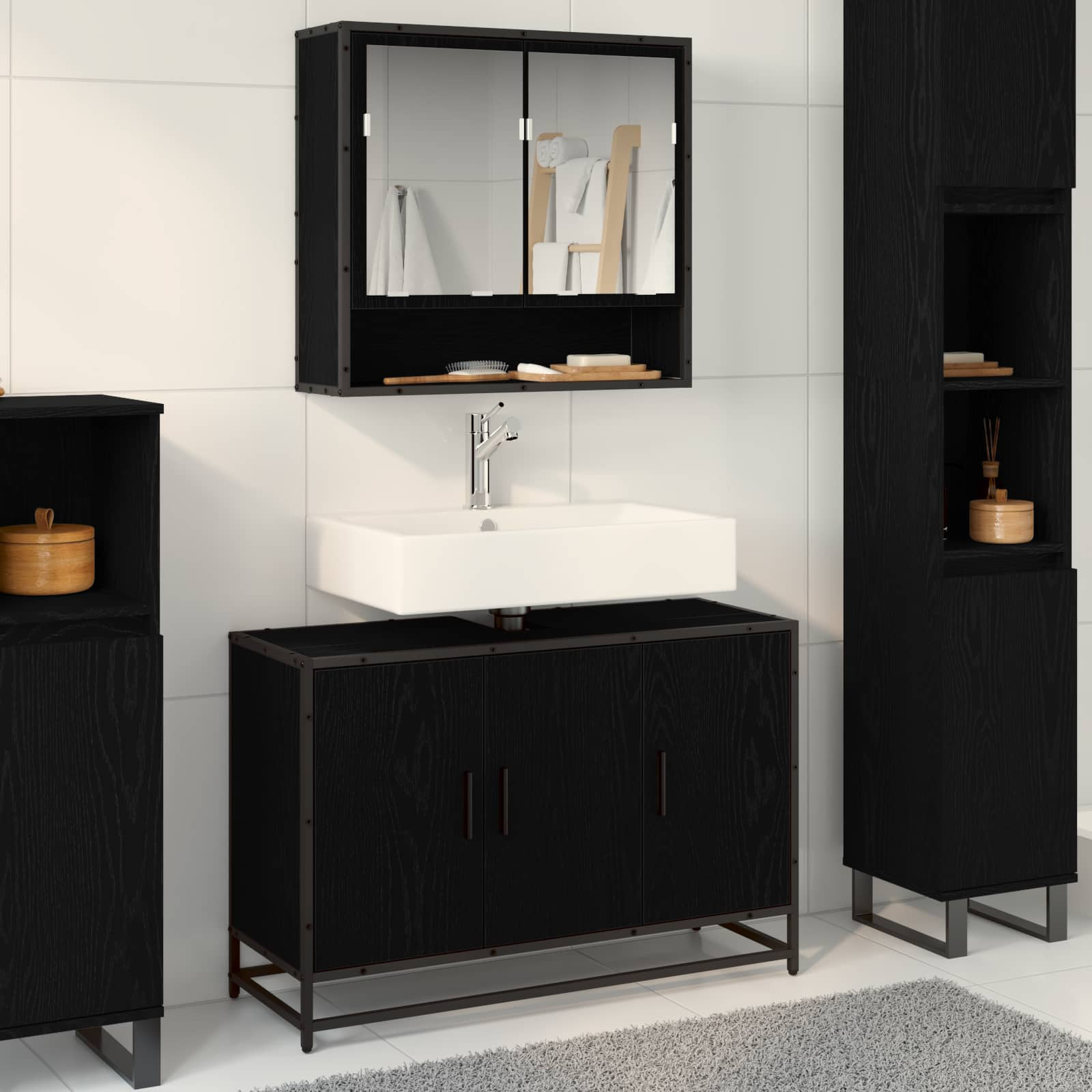 vidaXL Badezimmerschrank mit Tür Schwarz Eichen-Optik 90 x 33 x 60 cm
