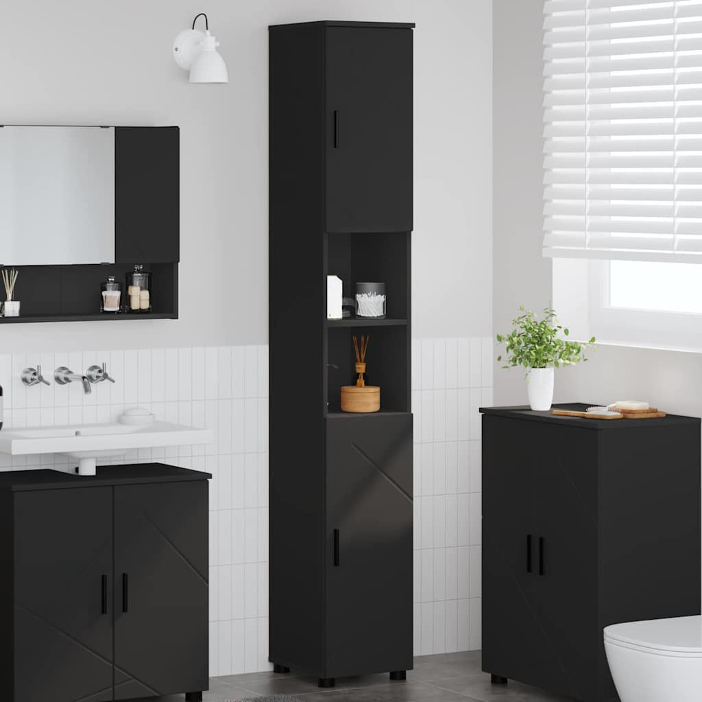 vidaXL Badezimmerschrank mit Speicher mit Tür Schwarz 30 x 35 x 192 cm
