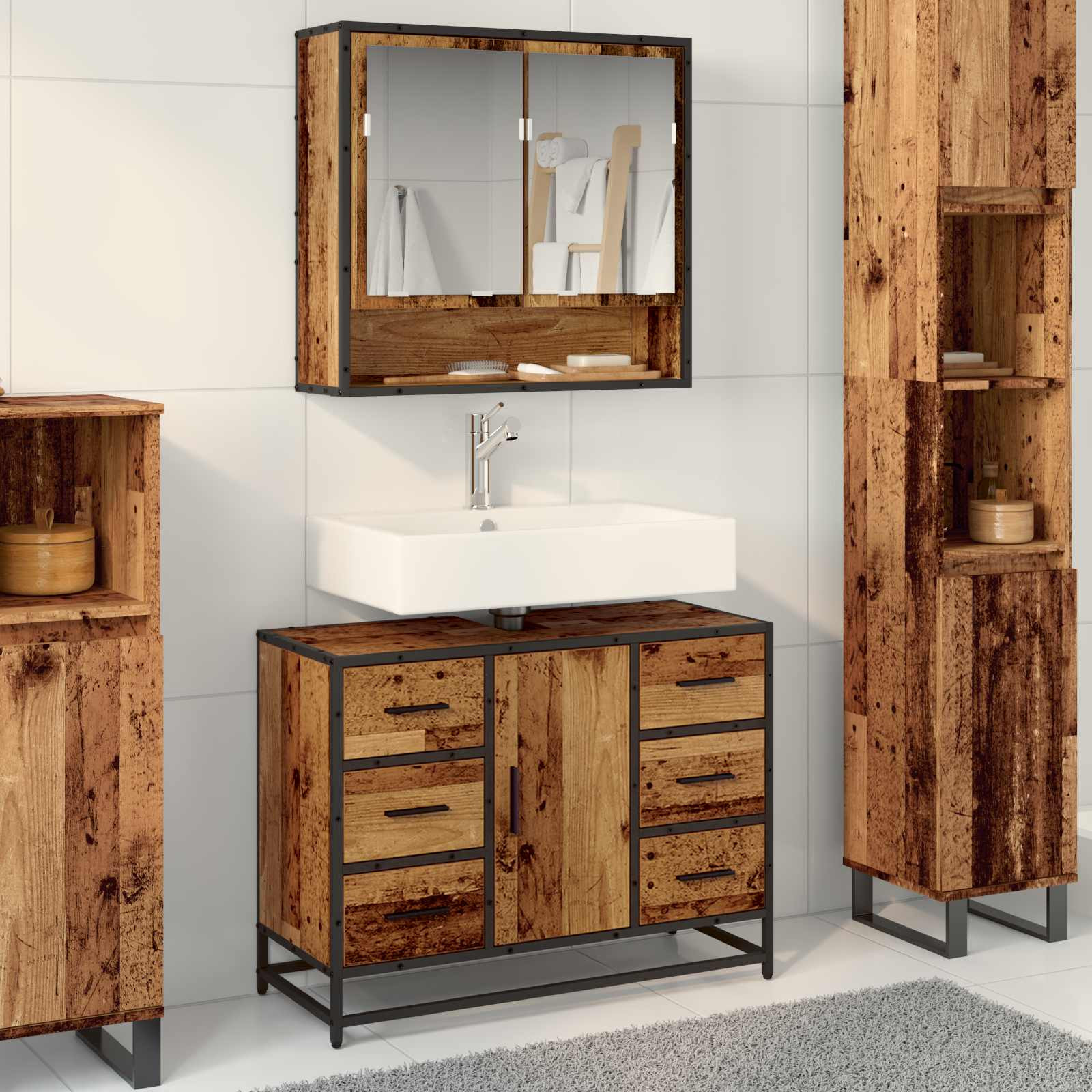 vidaXL Badezimmerschrank mit Tür Altholz 80 x 33 x 60 cm Holzwerkstoff