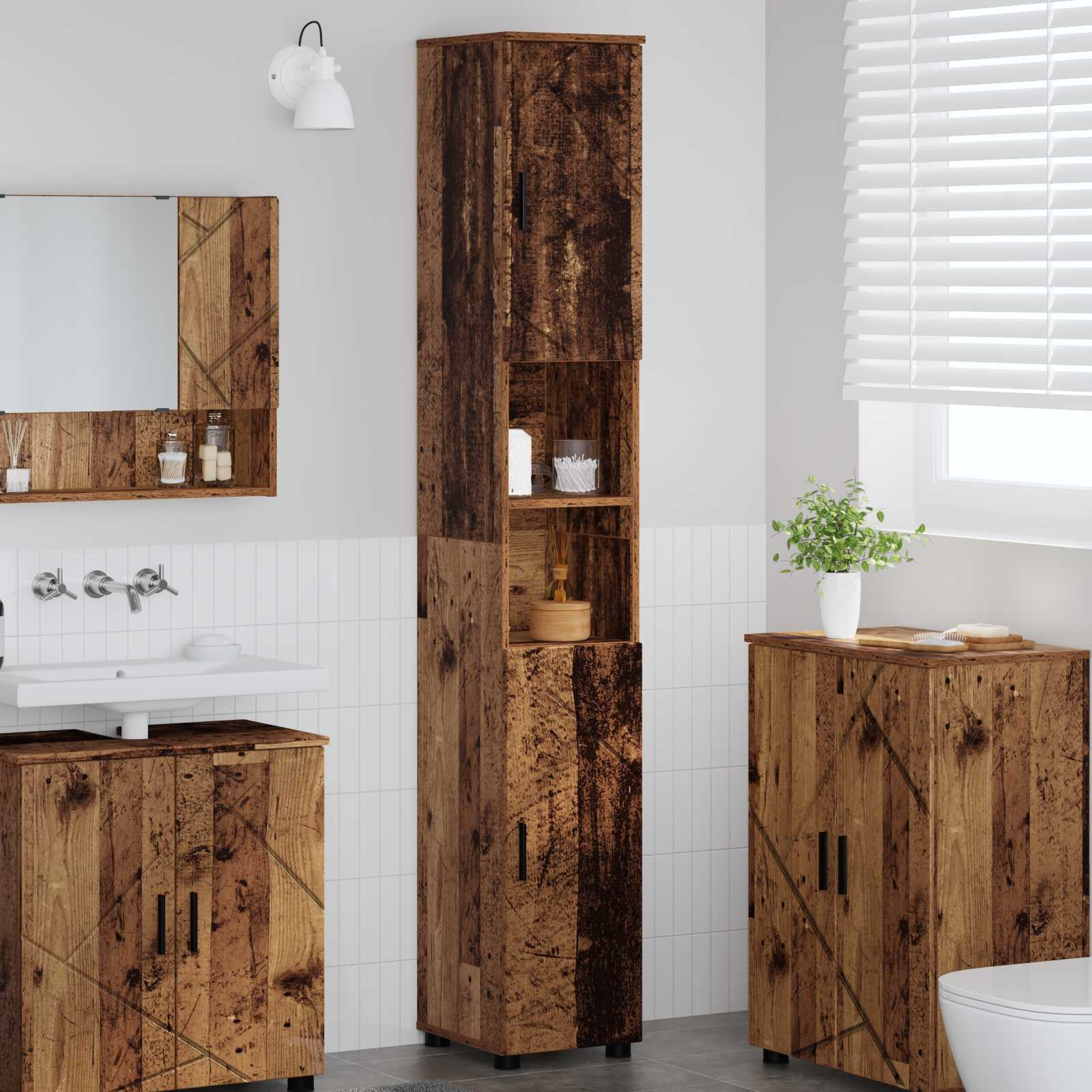 vidaXL Badezimmerschrank mit Speicher mit Tür Altholz 30 x 35 x 192 cm