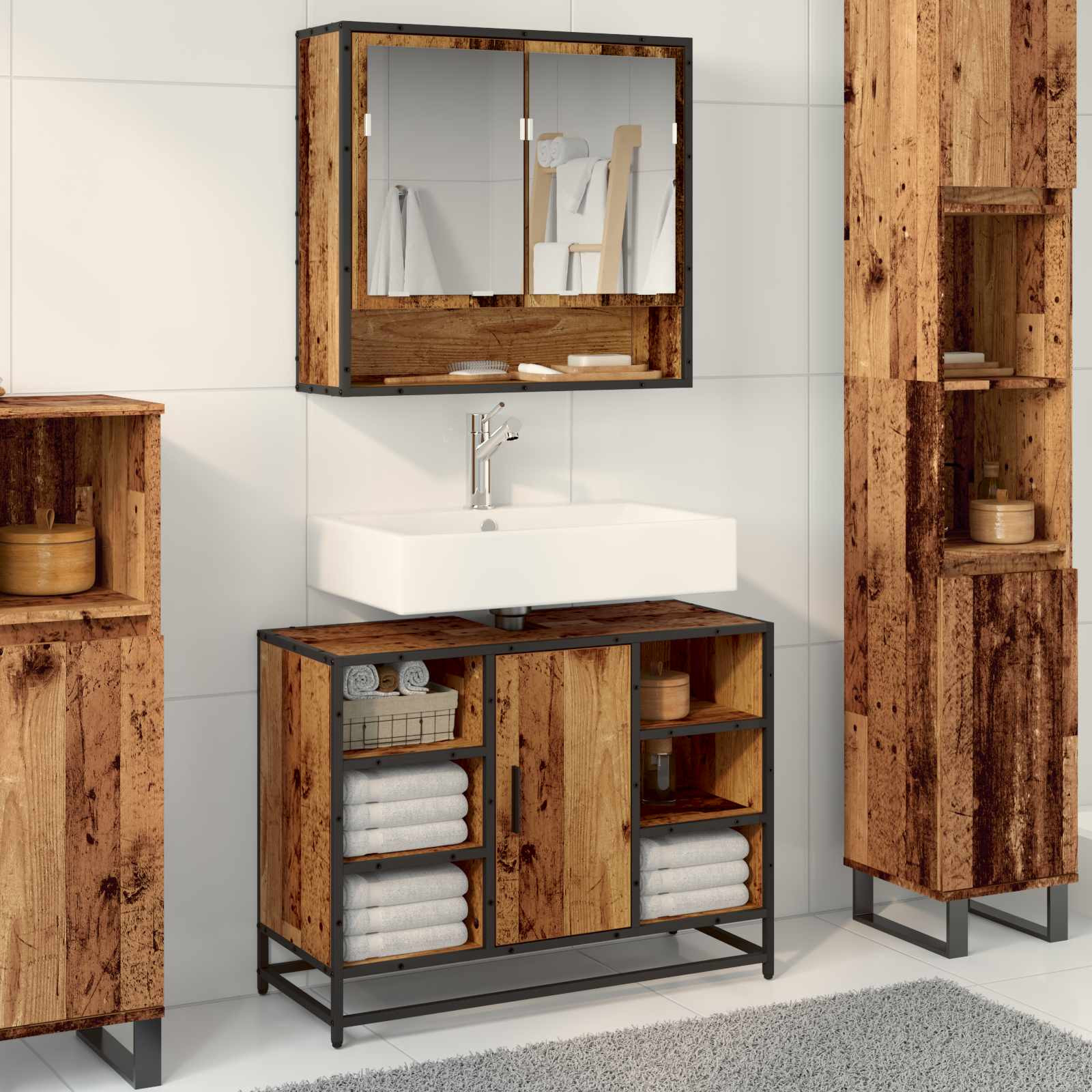 vidaXL Badezimmerschrank mit Tür Altholz 80 x 33 x 60 cm Holzwerkstoff