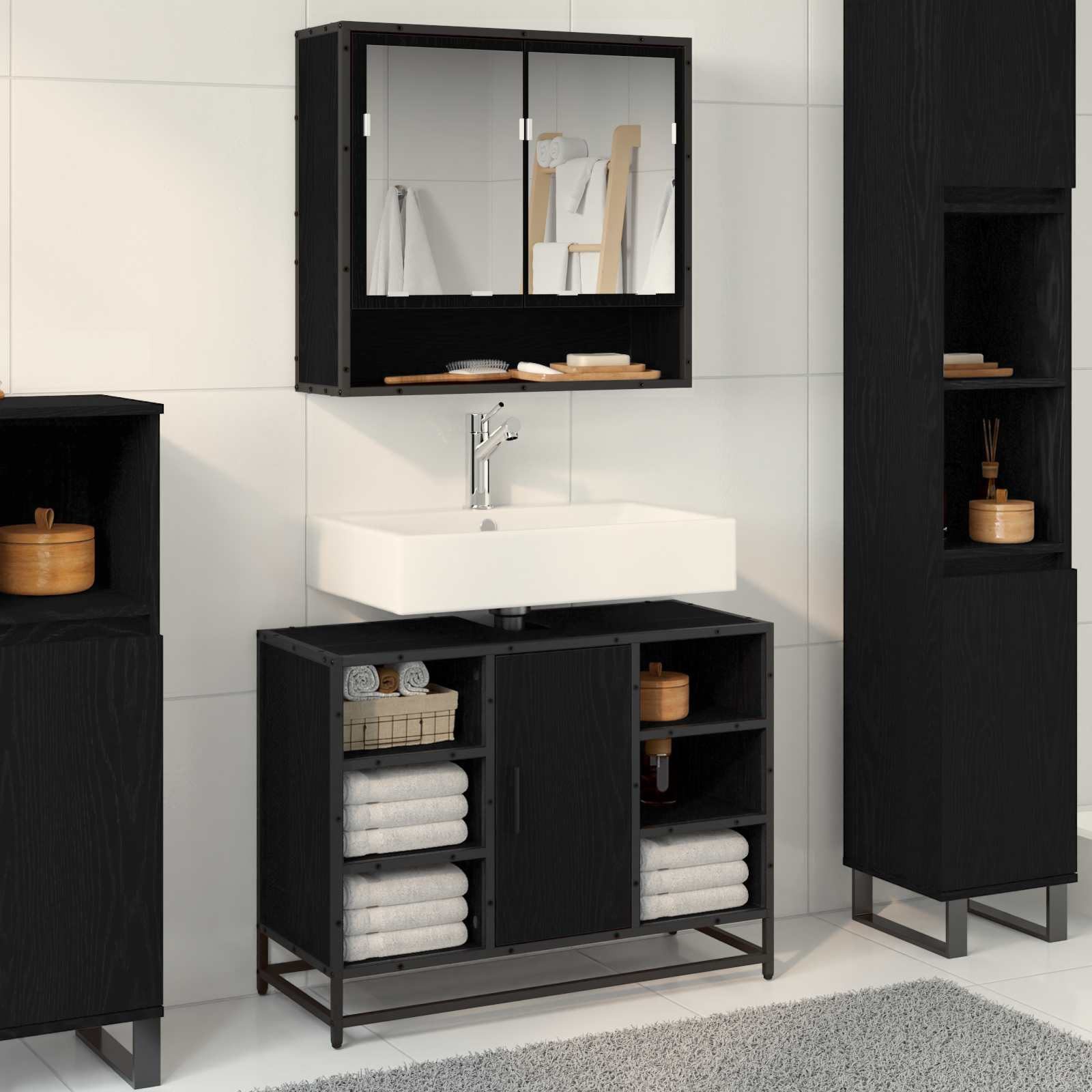 vidaXL Badezimmerschrank mit Tür Schwarz Eichen-Optik 80 x 33 x 60 cm