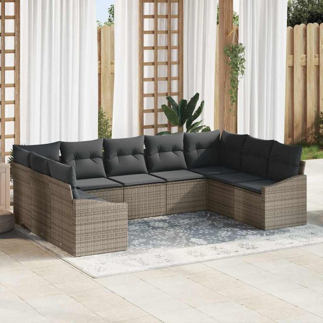 vidaXL Sofa Set mit Kissen 9 pcs Grau Poly Rattan