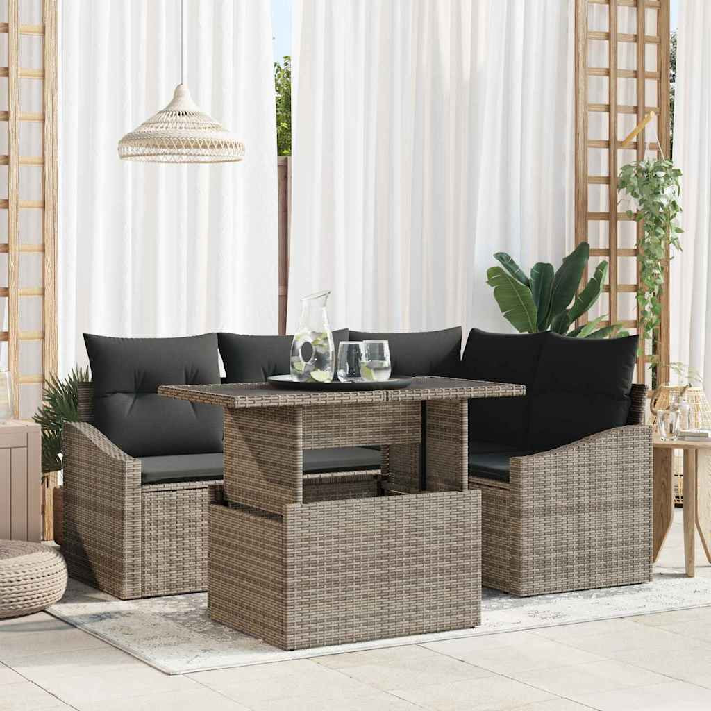 vidaXL Gartensofa-set mit Kissen mit Speicher 5 pcs Grau Poly-Rattan