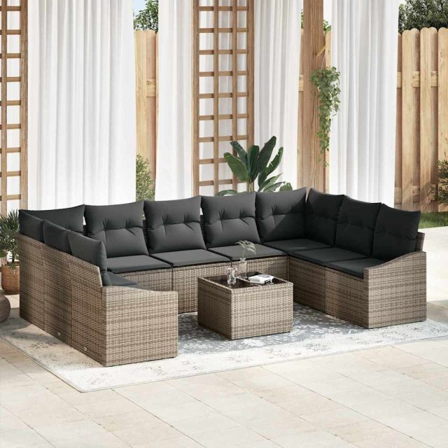 vidaXL Sofa Set mit Kissen 10 pcs Grau Poly Rattan