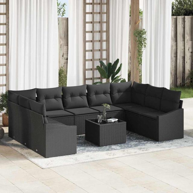 vidaXL Sofa Set mit Kissen 10 pcs Schwarz Poly Rattan