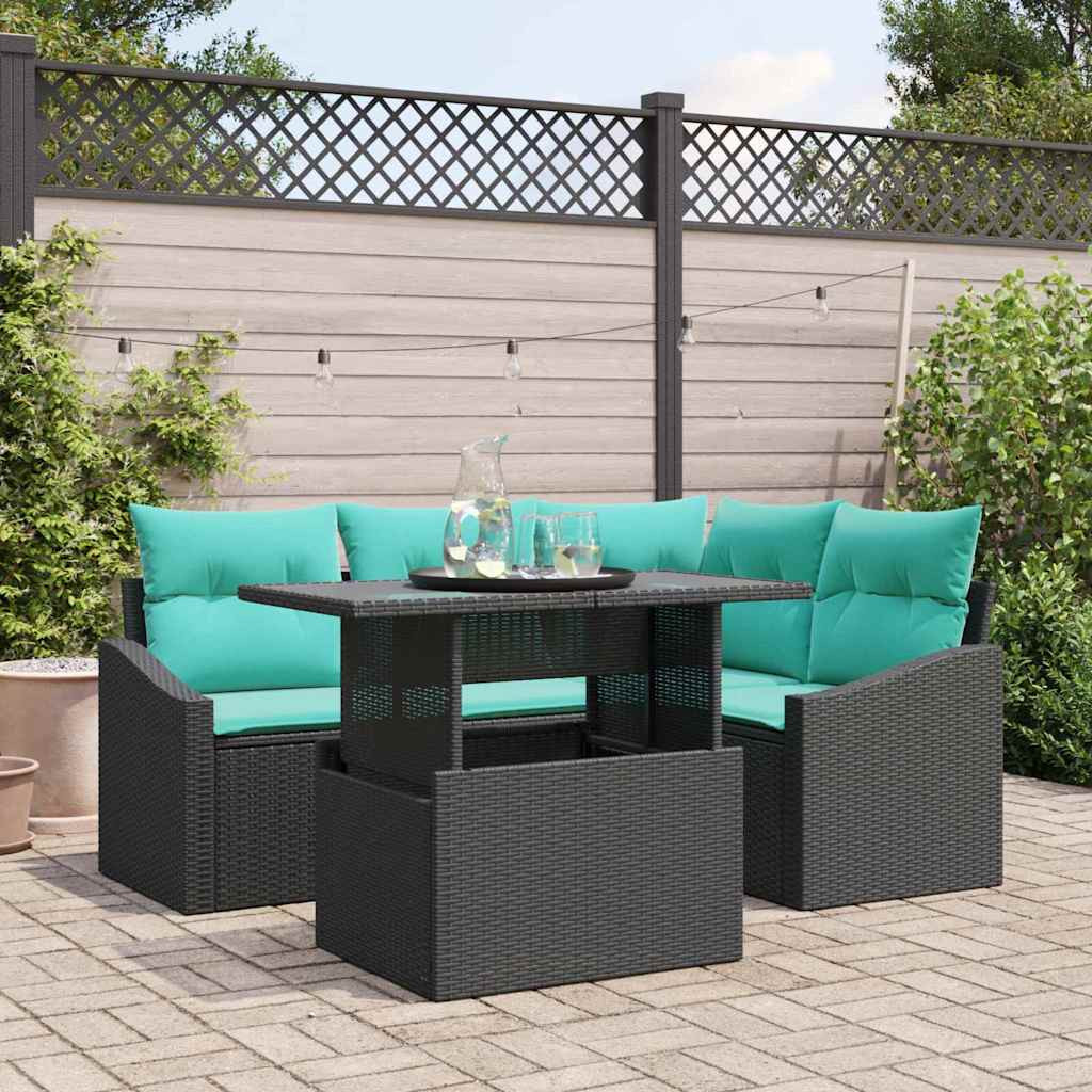 vidaXL Garten-Sofa-Set mit Kissen mit Speicher 5 pcs Schwarz und blau