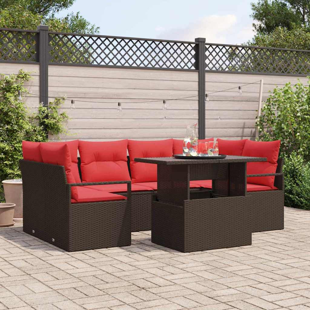 vidaXL Garten-Sofa-Set mit Kissen 7 pcs Braun und Rot Poly-Rattan