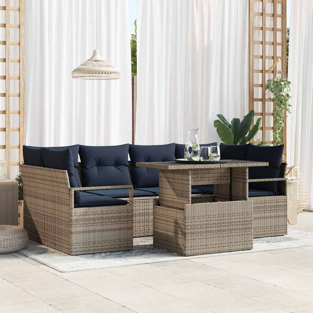 vidaXL Garten-Sofa-Set 7 pcs Grau und Marineblau Poly-Rattan