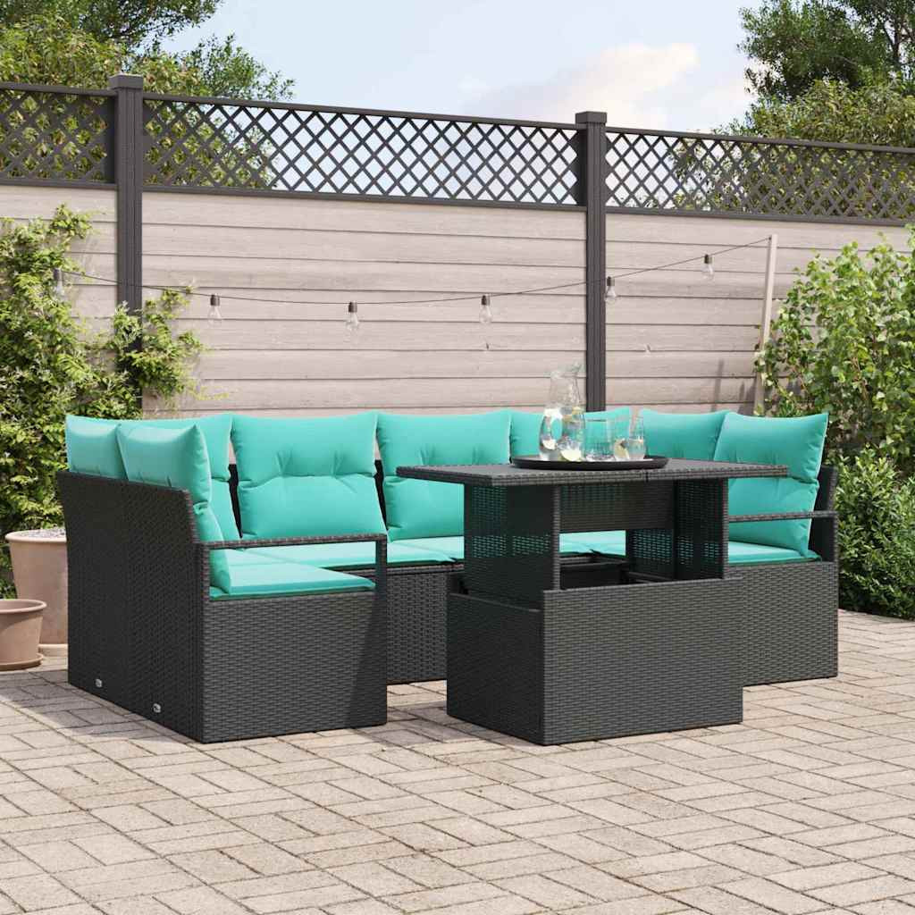 vidaXL Garten-Sofa-Set mit Kissen 7 pcs Schwarz und Blau Poly-Rattan
