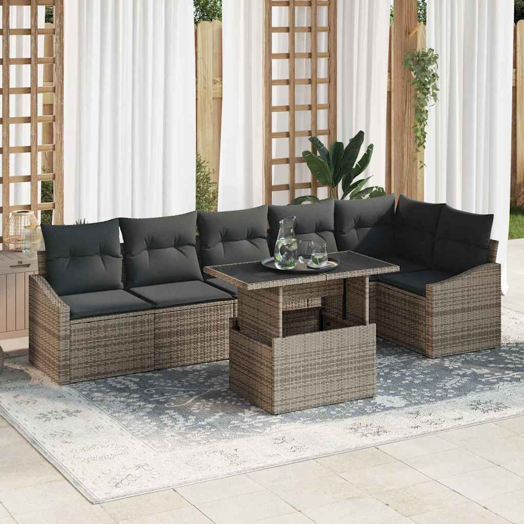 vidaXL Gartensofa-set mit Kissen mit Speicher 7 pcs Grau Poly-Rattan