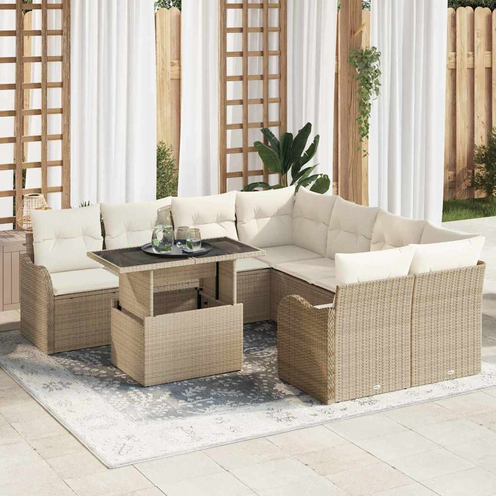 vidaXL Gartensofa-set mit Kissen 9 pcs Beige Poly-Rattan