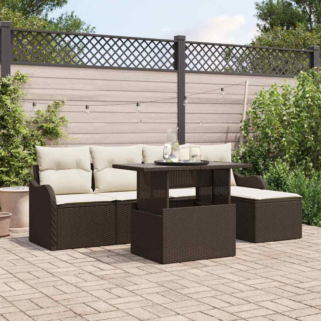 vidaXL Sitzgruppe für den Outdoor mit Kissen 6 pcs Braun Poly Rattan