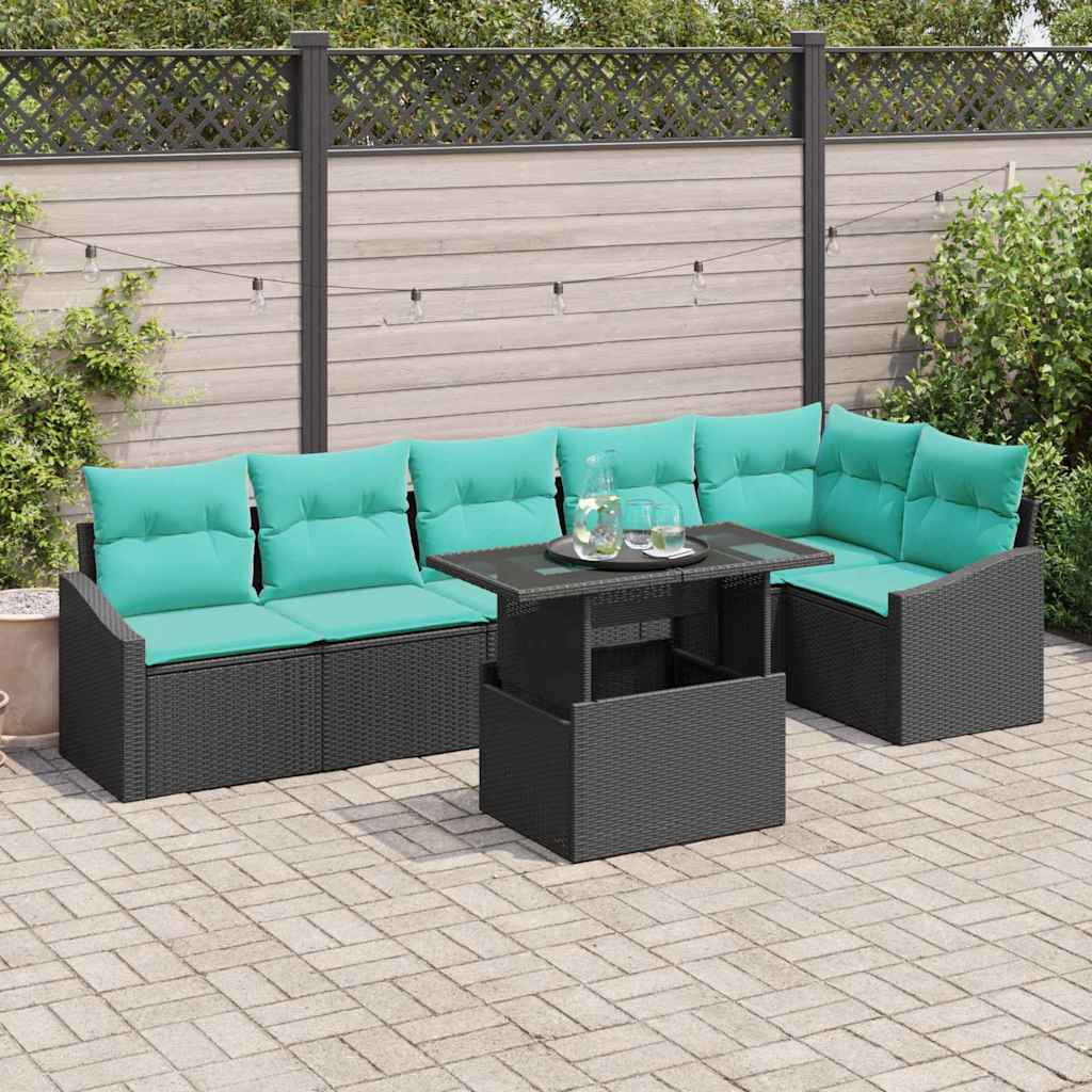 vidaXL Garten-Sofa-Set mit Kissen mit Speicher 7 pcs Schwarz und blau