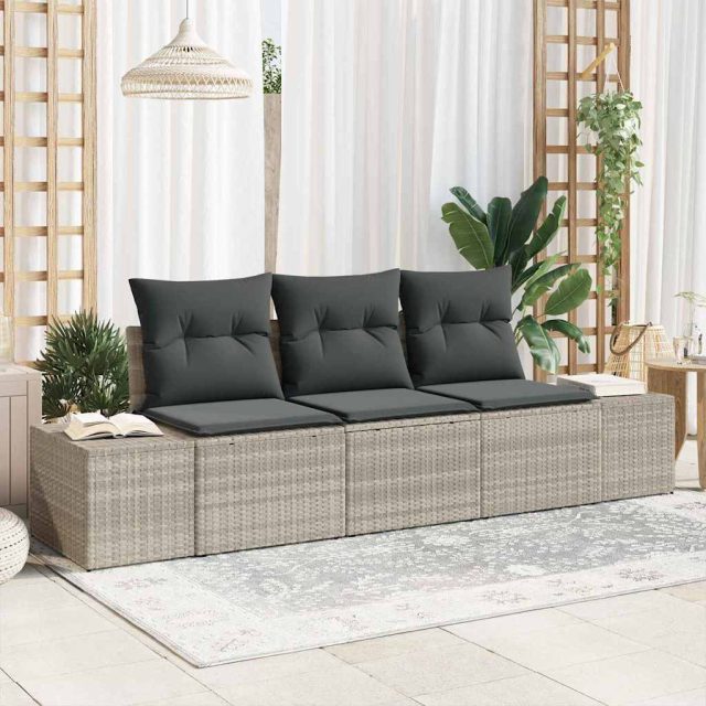 vidaXL Sofa Set mit Kissen 3 pcs Hellgrau Poly Rattan