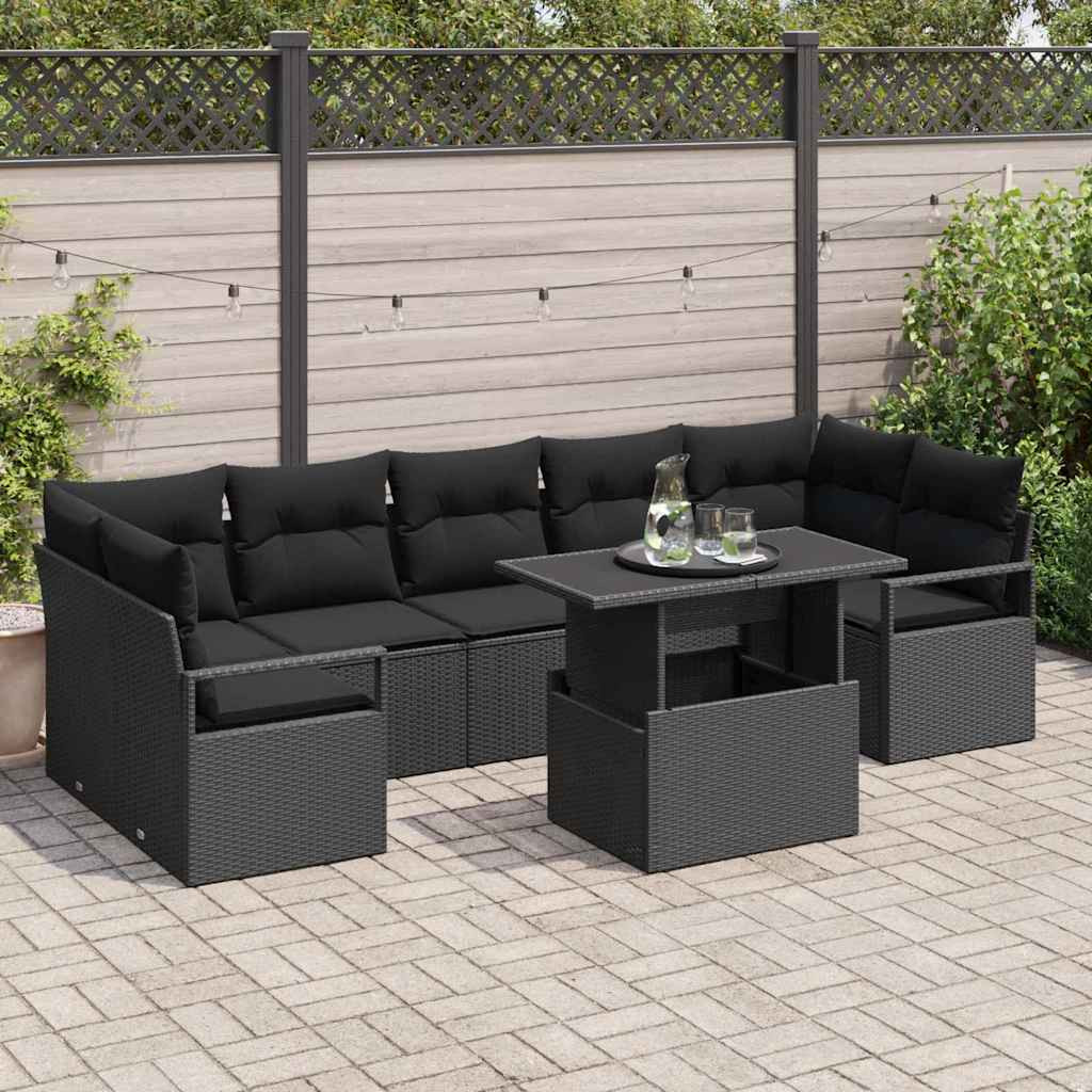 vidaXL Garten-Sofa-Set mit Kissen 8 pcs Schwarz Poly-Rattan