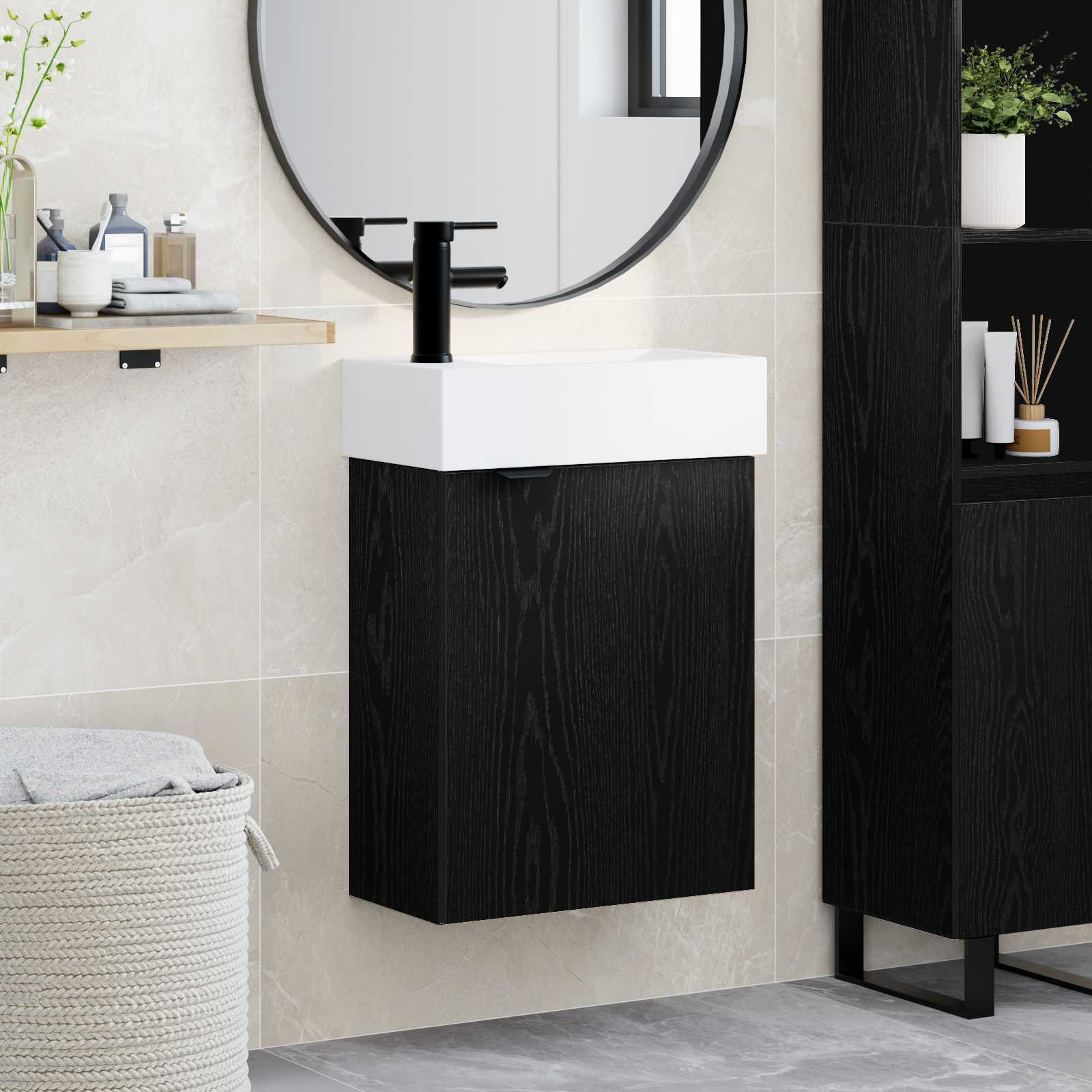 vidaXL Badezimmer Waschtischunterschrank mit Wasserhahn Schwarze Eiche