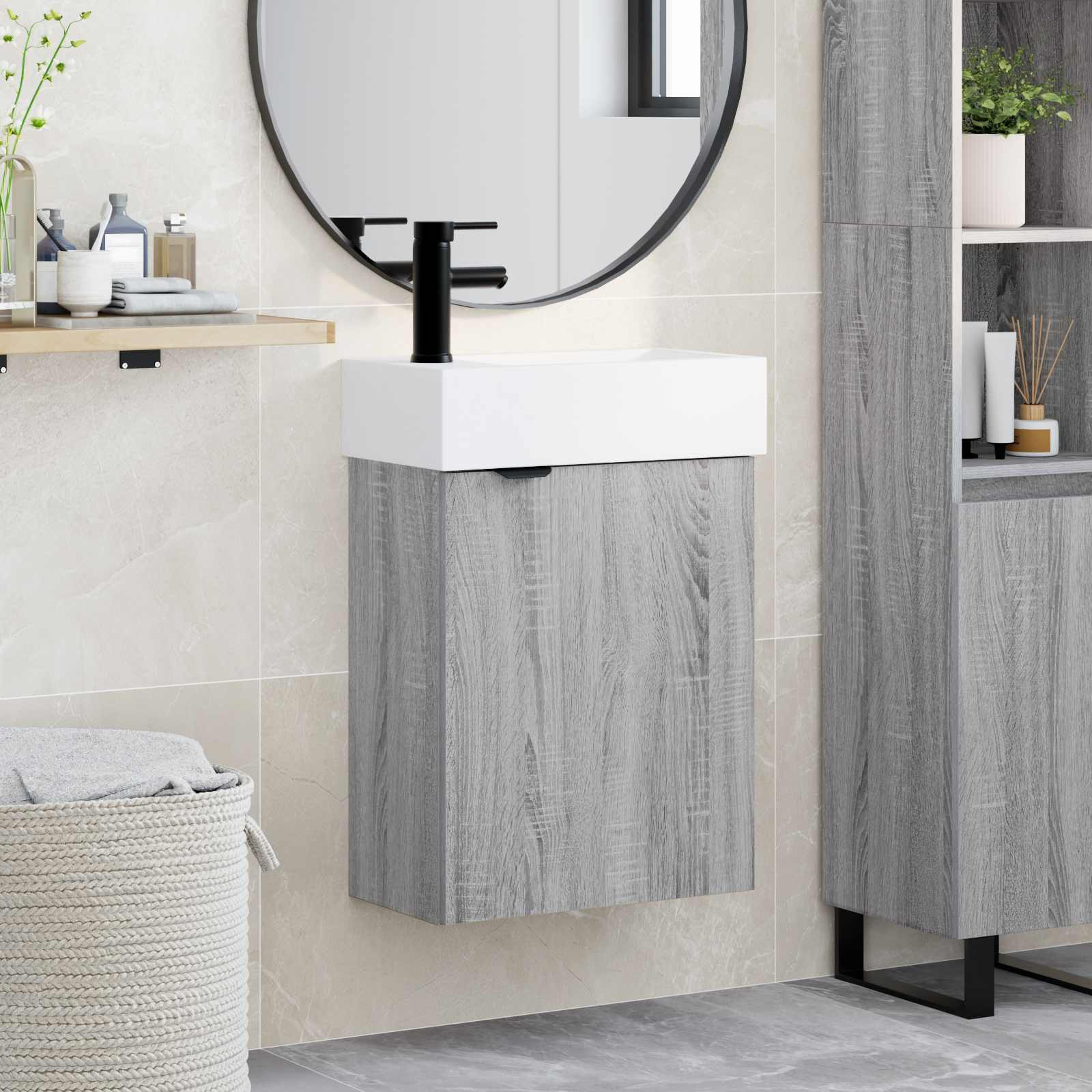 vidaXL Badezimmer Waschtischunterschrank mit Wasserhahn Grau Sonoma