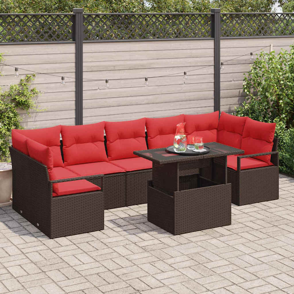 vidaXL Garten-Sofa-Set mit Kissen 8 pcs Braun und Rot Poly-Rattan