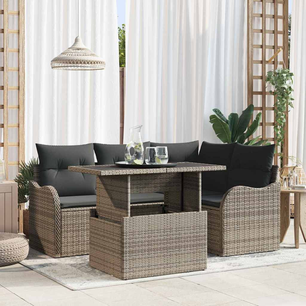 vidaXL Outdoortisch-Set mit Kissen 5 pcs Grau Poly Rattan