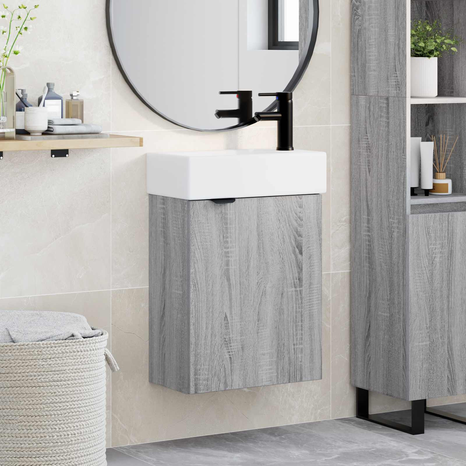 vidaXL Badezimmer Waschtischunterschrank mit Wasserhahn Grau Sonoma