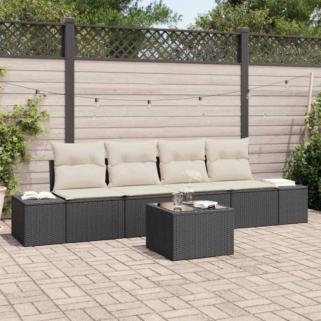 vidaXL Sofa Set mit Kissen 5 pcs Schwarz und Creme Poly Rattan