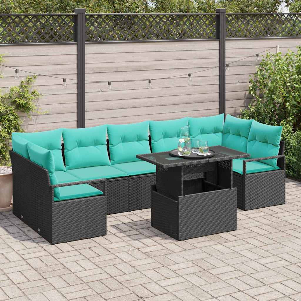 vidaXL Garten-Sofa-Set mit Kissen 8 pcs Schwarz und Blau Poly-Rattan