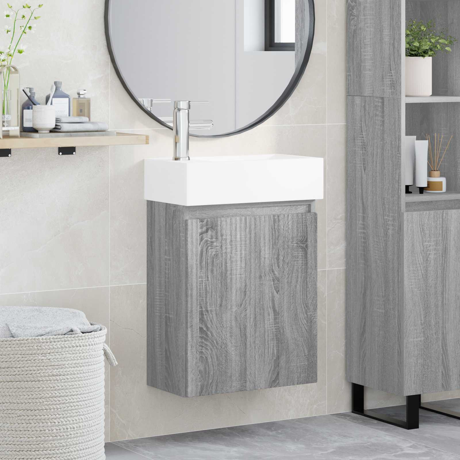 vidaXL Badezimmer Waschtischunterschrank mit Wasserhahn Grau Sonoma