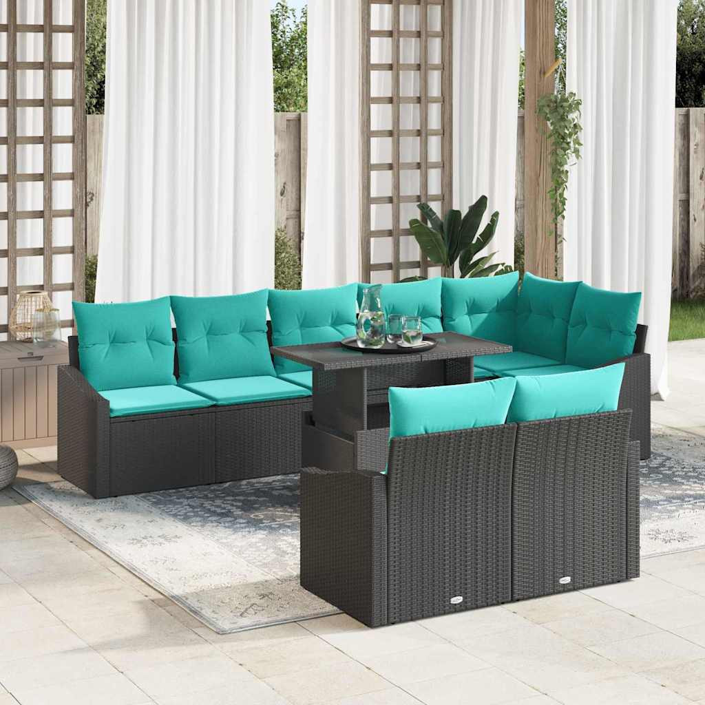 vidaXL Gartensofa-set mit Kissen 9 pcs Schwarz und Blau Poly-Rattan