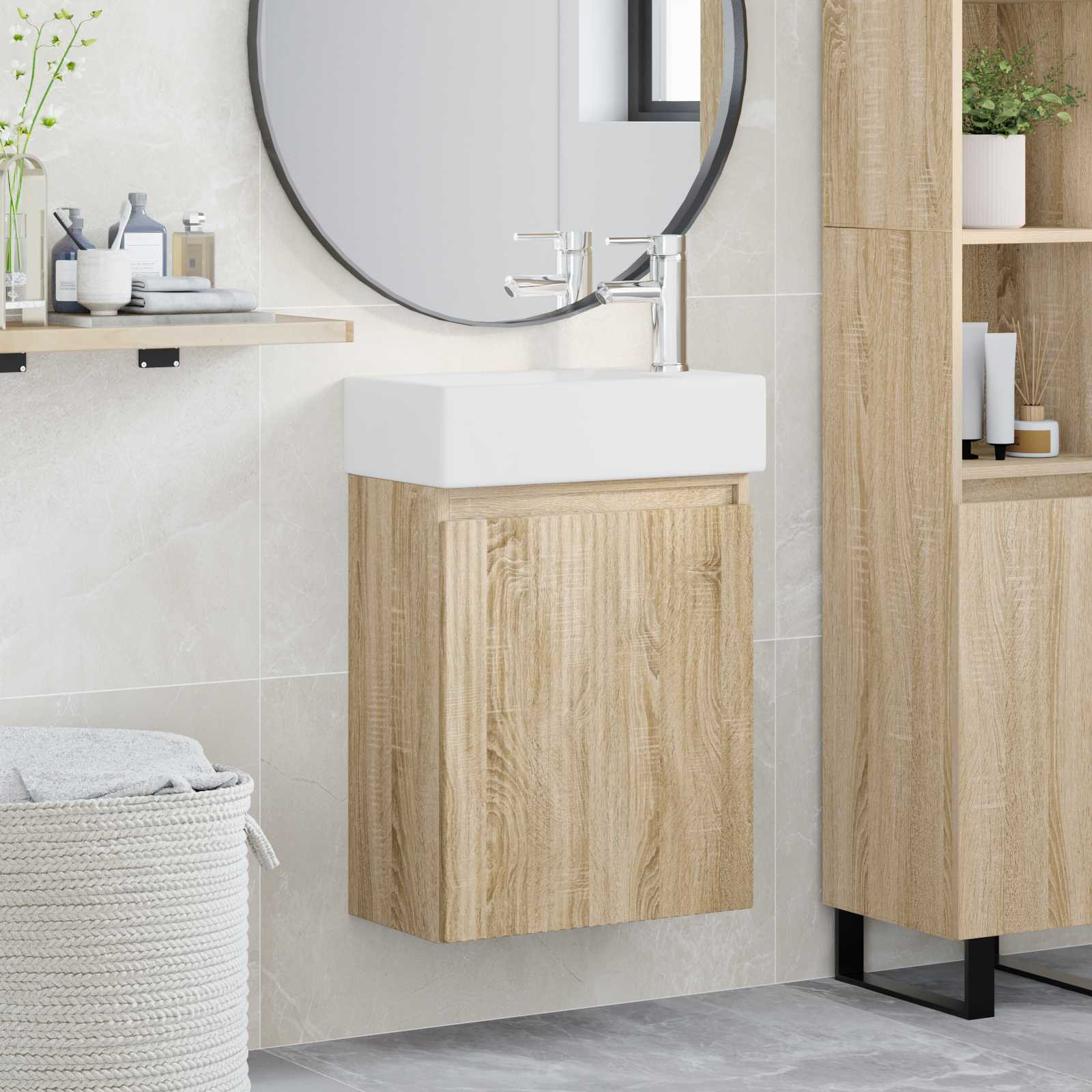 vidaXL Badezimmer Waschtischunterschrank mit Wasserhahn Sonoma-Eiche