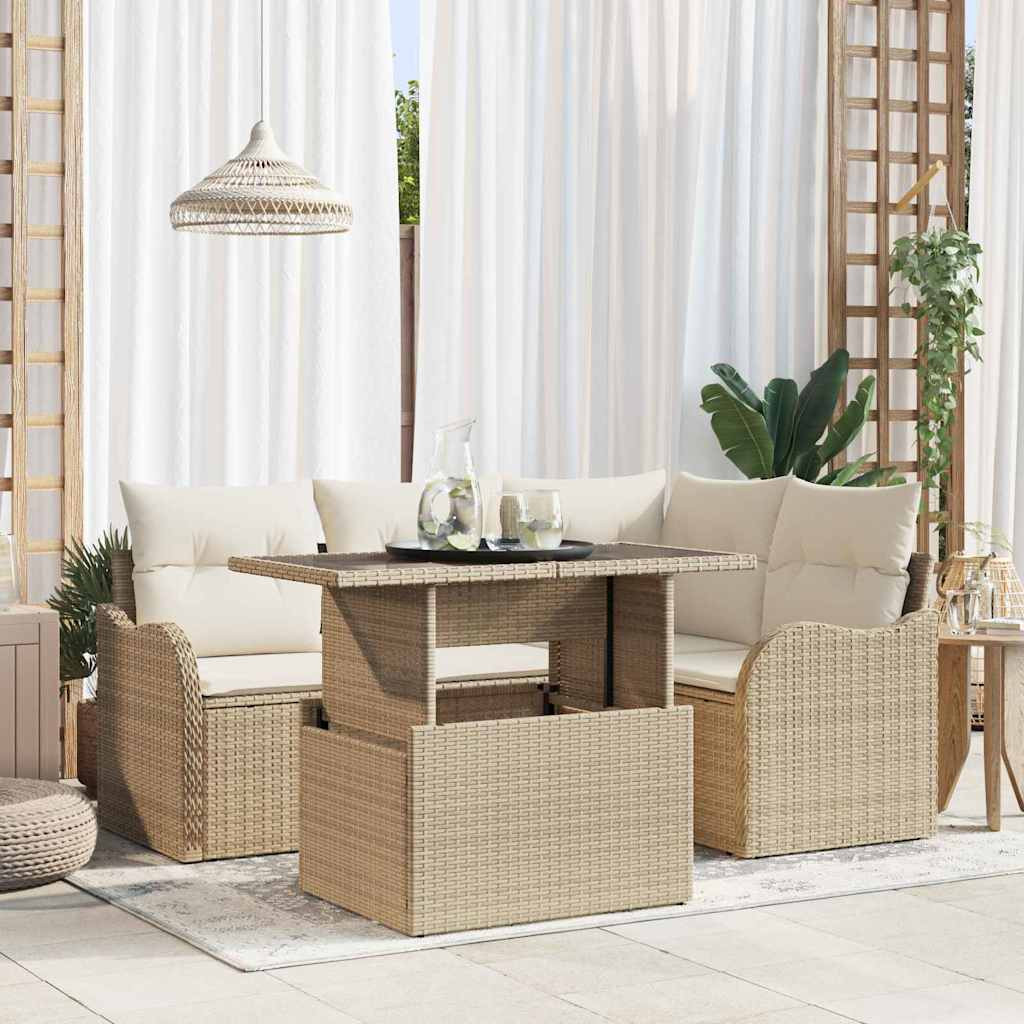 vidaXL Outdoortisch-Set mit Kissen 5 pcs Beige Poly Rattan