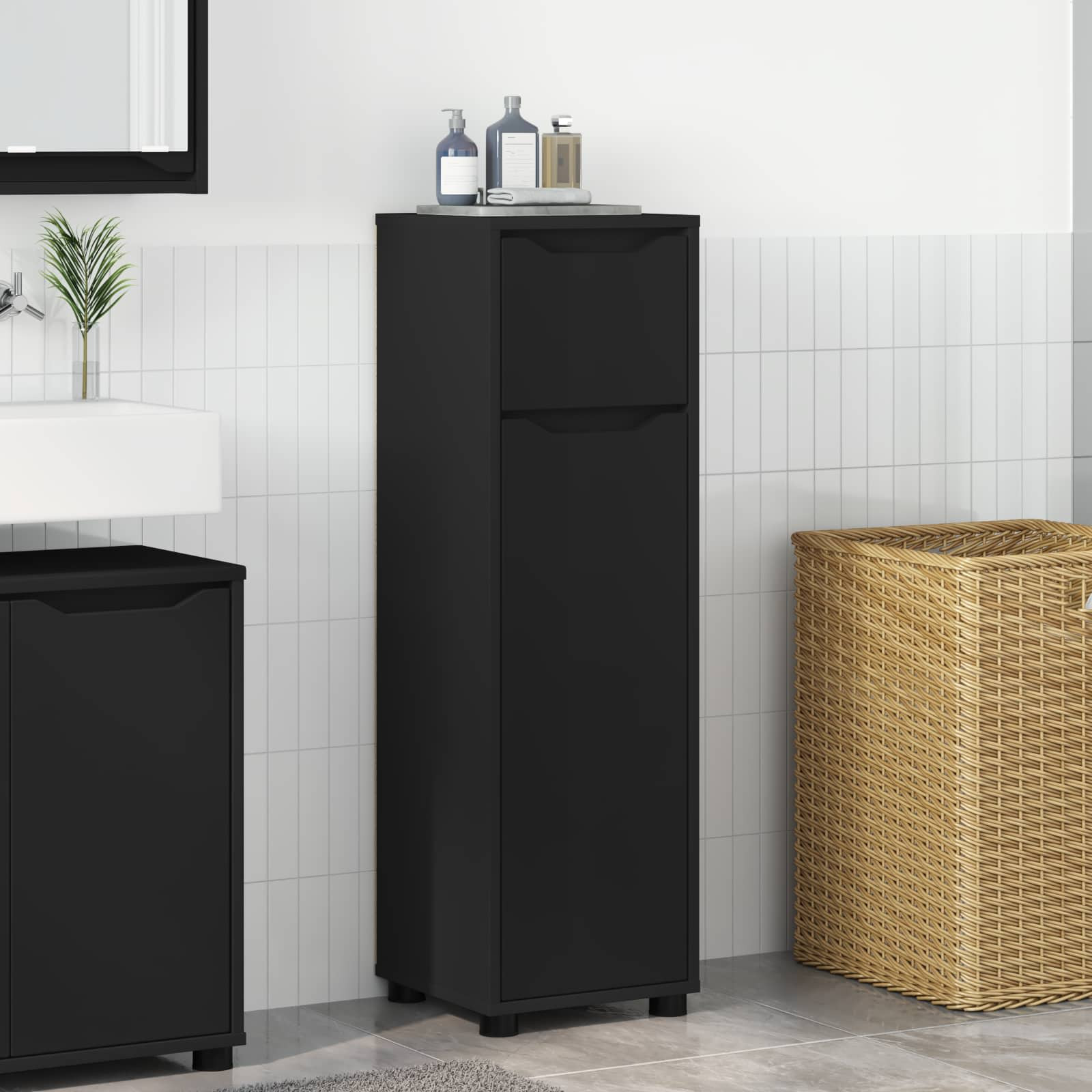 vidaXL Badezimmerschrank Schwarz 30,5 x 30 x 101 cm Holzwerkstoff