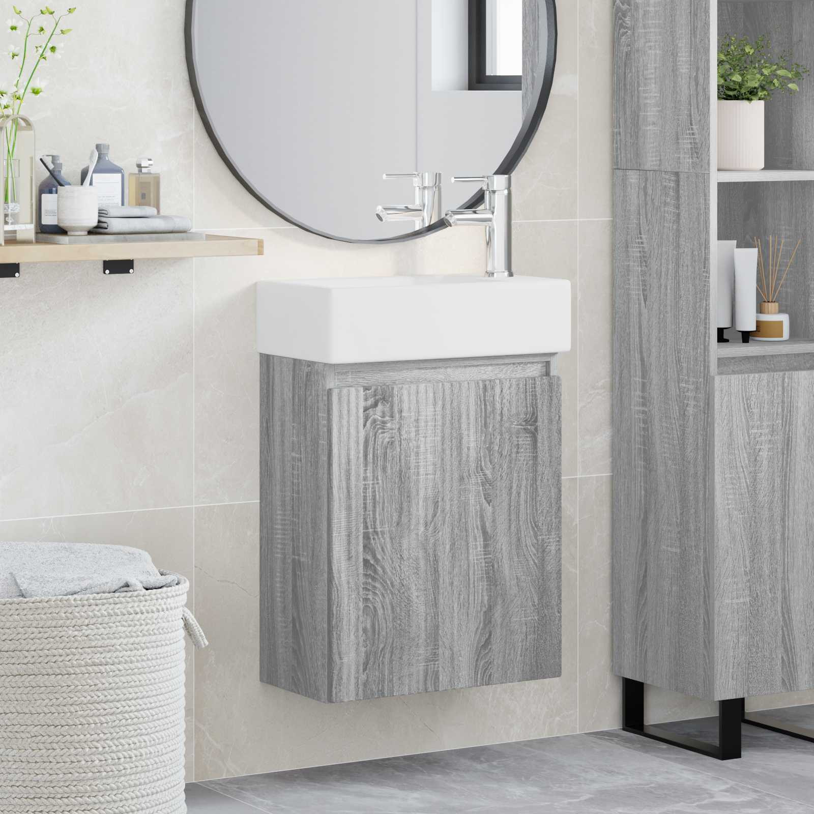 vidaXL Badezimmer Waschtischunterschrank mit Wasserhahn Grau Sonoma