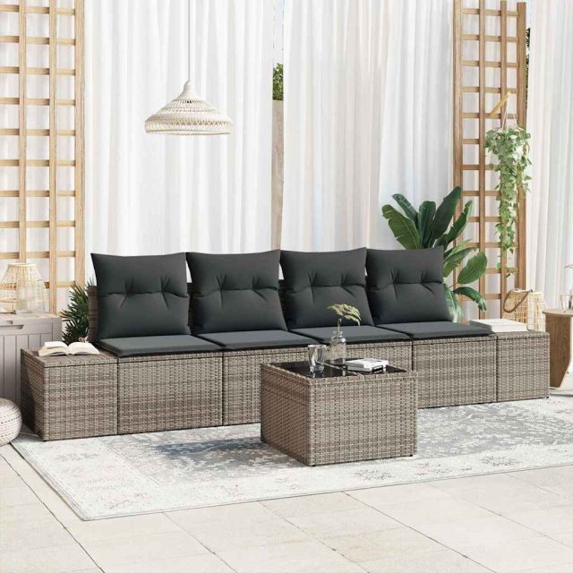 vidaXL Sofa Set mit Kissen mit Kissen 5 pcs Grau Poly Rattan