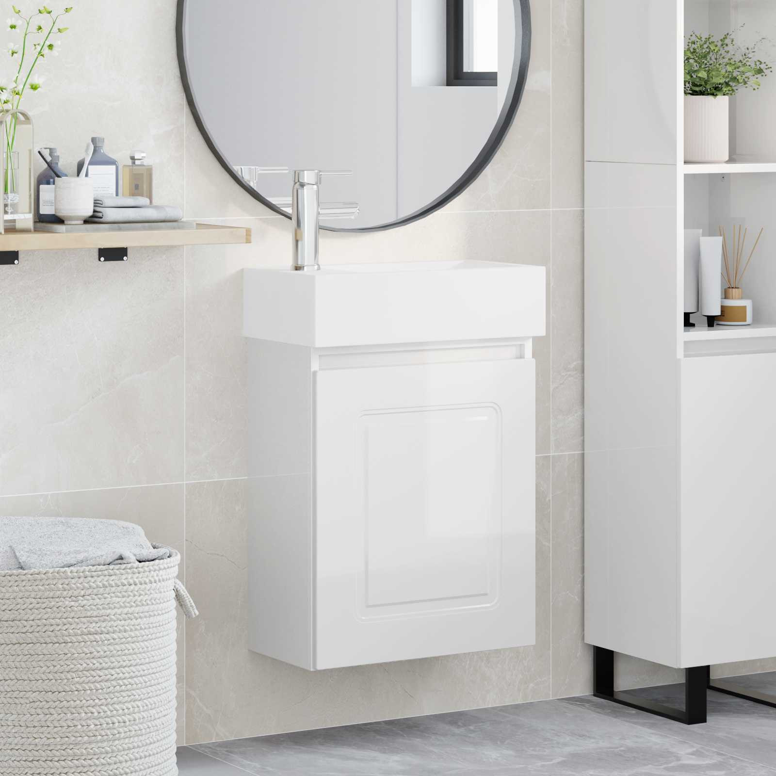 vidaXL Badezimmer Waschtischunterschrank mit Wasserhahn Hochglanz Weiß