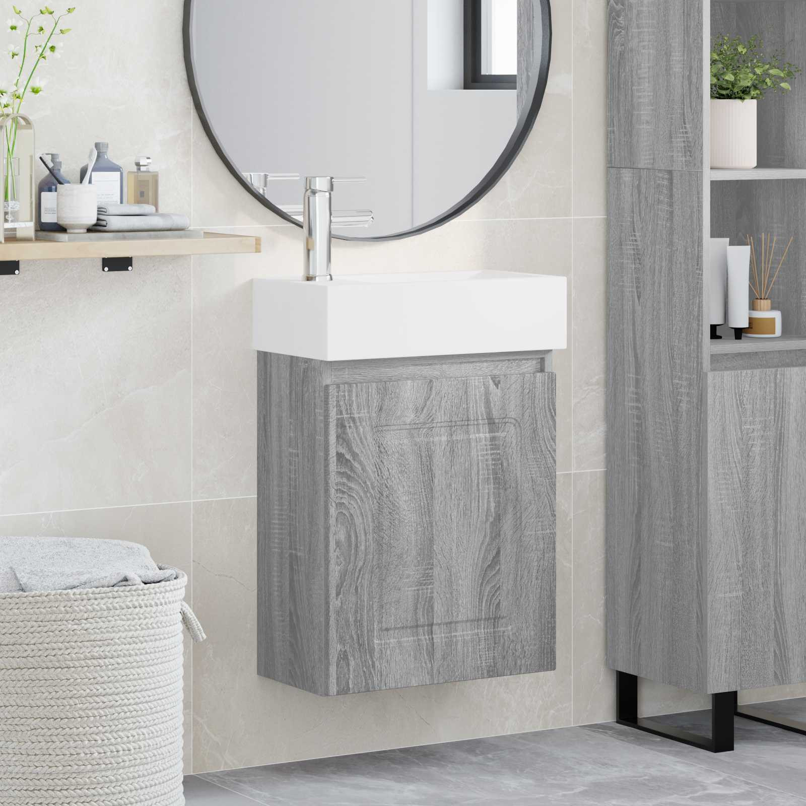 vidaXL Badezimmer Waschtischunterschrank mit Wasserhahn Grau Sonoma