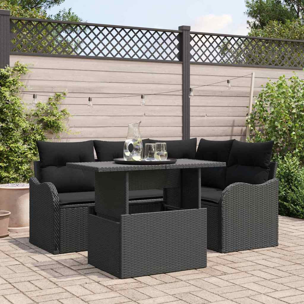 vidaXL Outdoortisch-Set mit Kissen 5 pcs Schwarz Poly Rattan