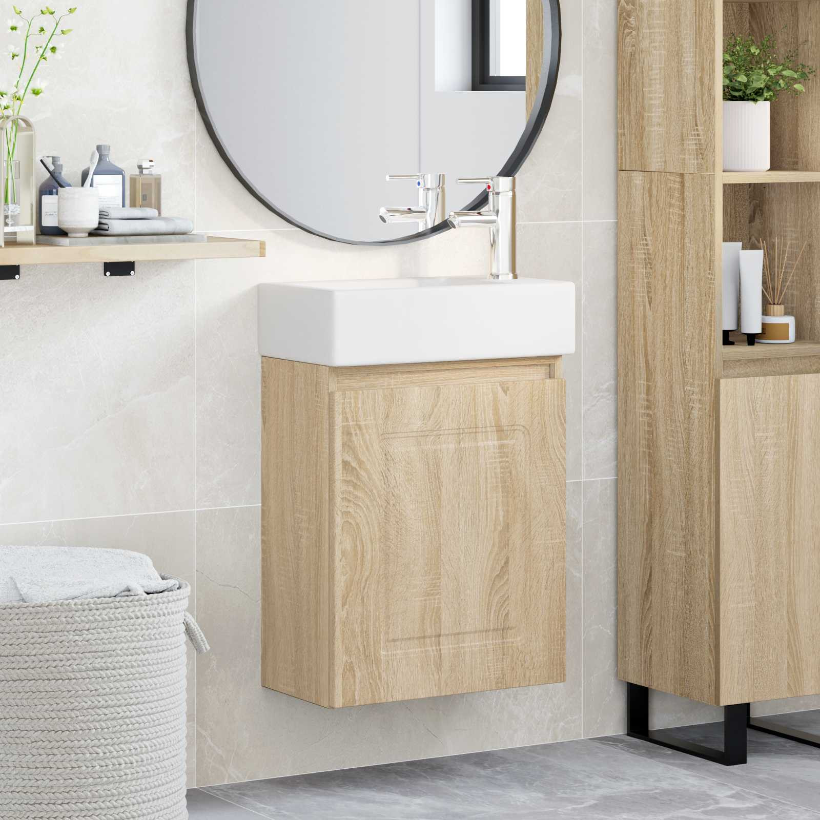 vidaXL Badezimmer Waschtischunterschrank mit Wasserhahn Sonoma-Eiche