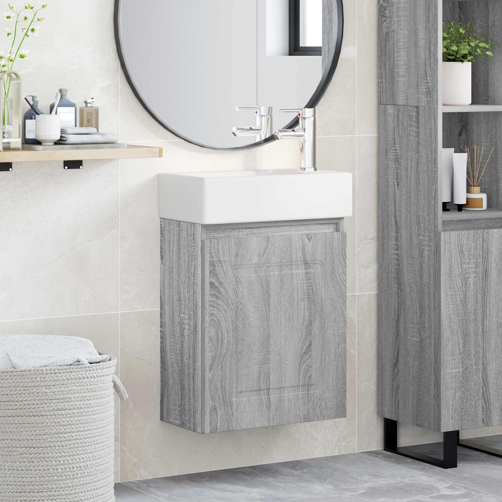 vidaXL Badezimmer Waschtischunterschrank mit Wasserhahn Grau Sonoma