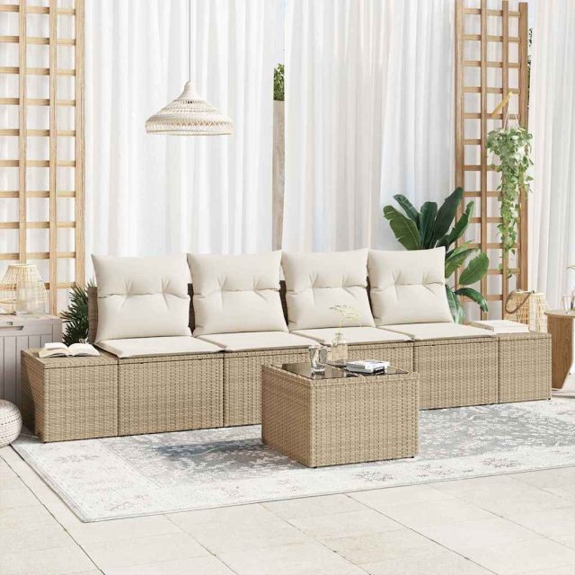 vidaXL Sofa Set mit Kissen 5 pcs Beige und Creme Poly Rattan