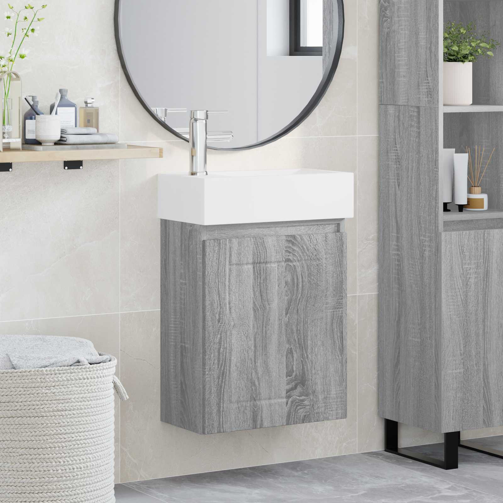 vidaXL Badezimmer Waschtischunterschrank mit Wasserhahn Grau Sonoma