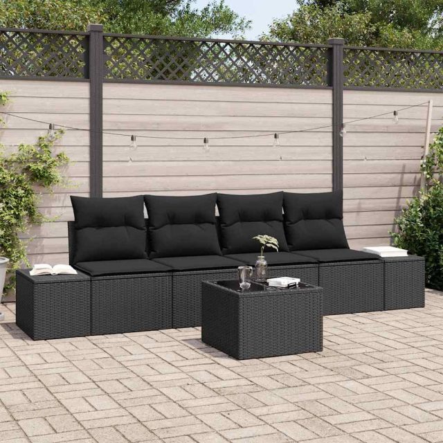 vidaXL Sofa Set mit Kissen mit Kissen 5 pcs Schwarz Poly Rattan