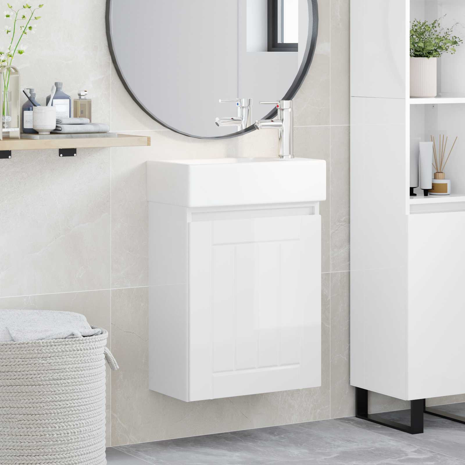 vidaXL Badezimmer Waschtischunterschrank mit Wasserhahn Hochglanz Weiß