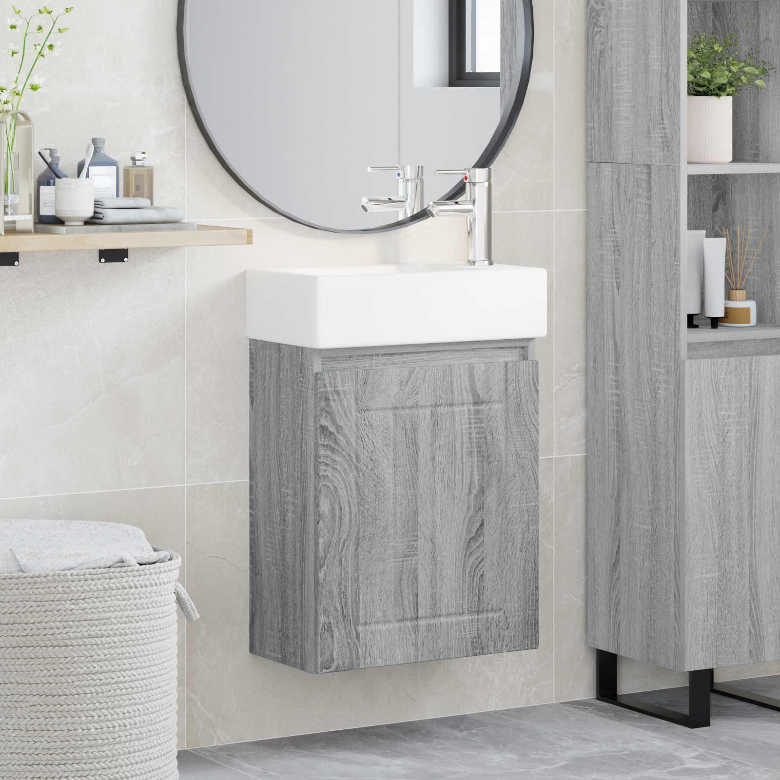 vidaXL Badezimmer Waschtischunterschrank mit Wasserhahn Grau Sonoma