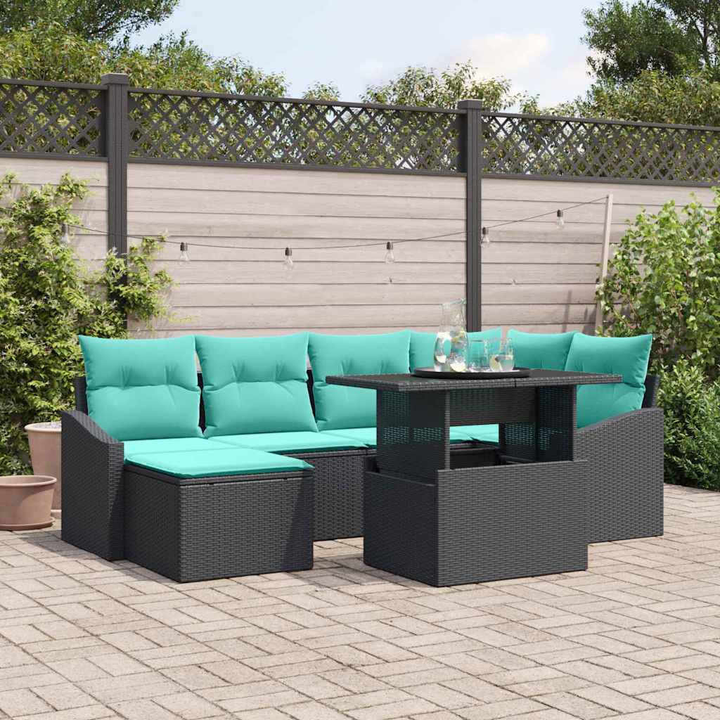 vidaXL Sofa Set mit Kissen 7 pcs Schwarz und Blau Poly Rattan