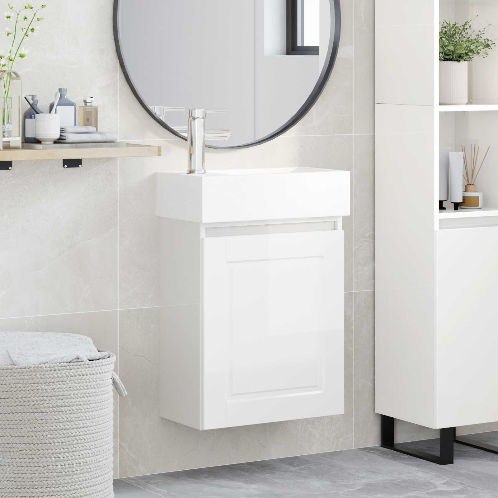 vidaXL Badezimmer Waschtischunterschrank mit Wasserhahn Hochglanz Weiß