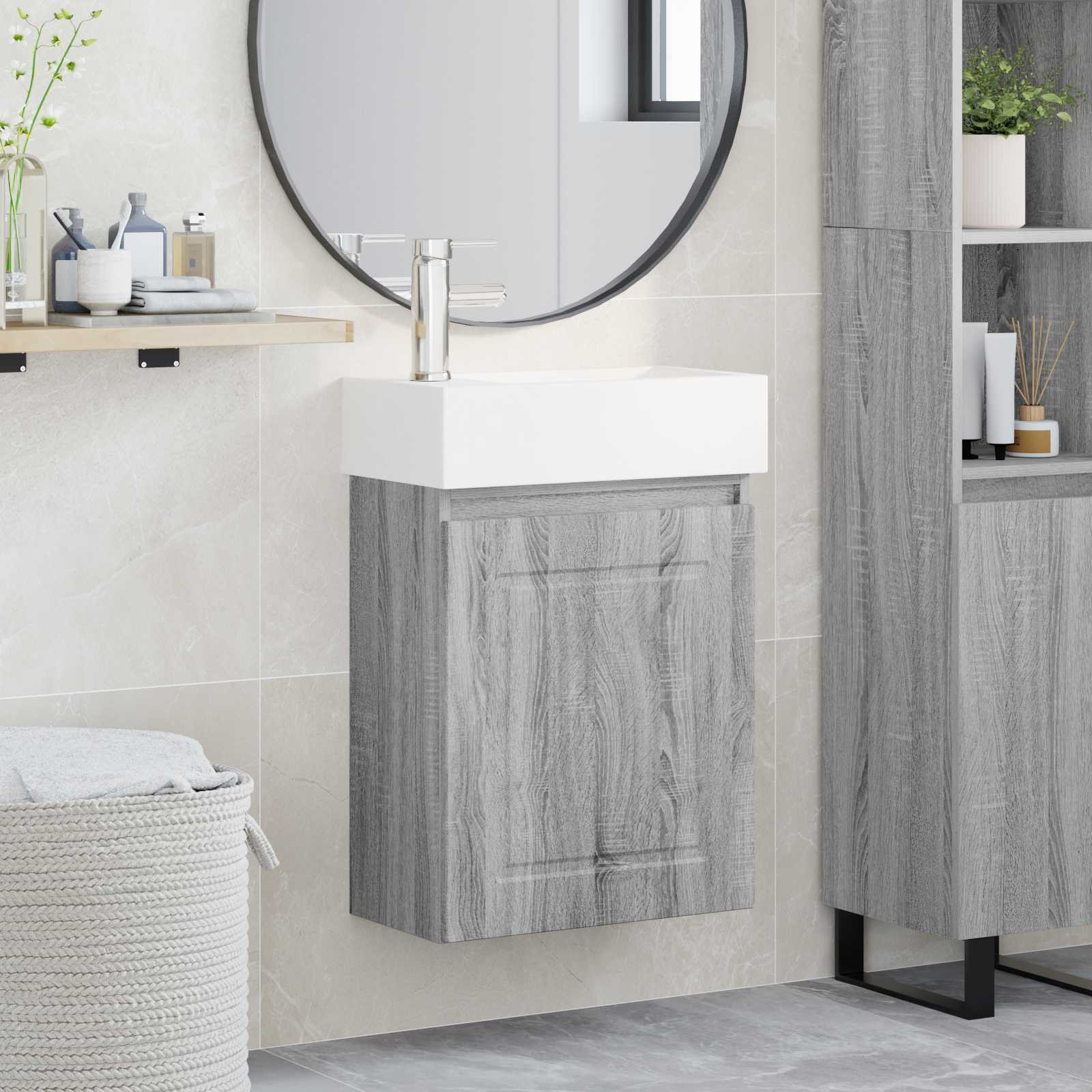 vidaXL Badezimmer Waschtischunterschrank mit Wasserhahn Grau Sonoma
