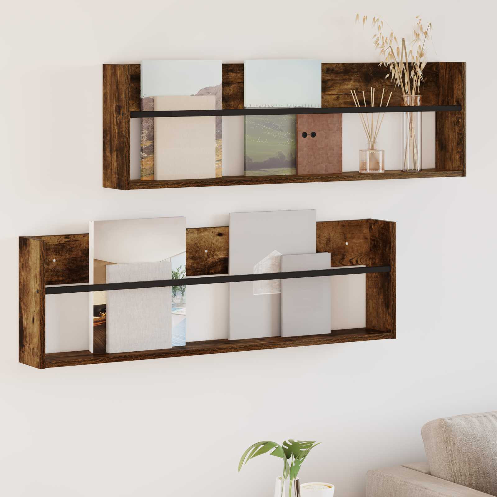 vidaXL Magazinregal mit Regal 2 pcs Geräucherte Eiche 100 x 12 x 30 cm
