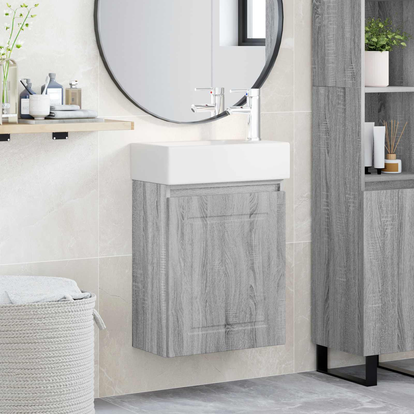 vidaXL Badezimmer Waschtischunterschrank mit Wasserhahn Grau Sonoma
